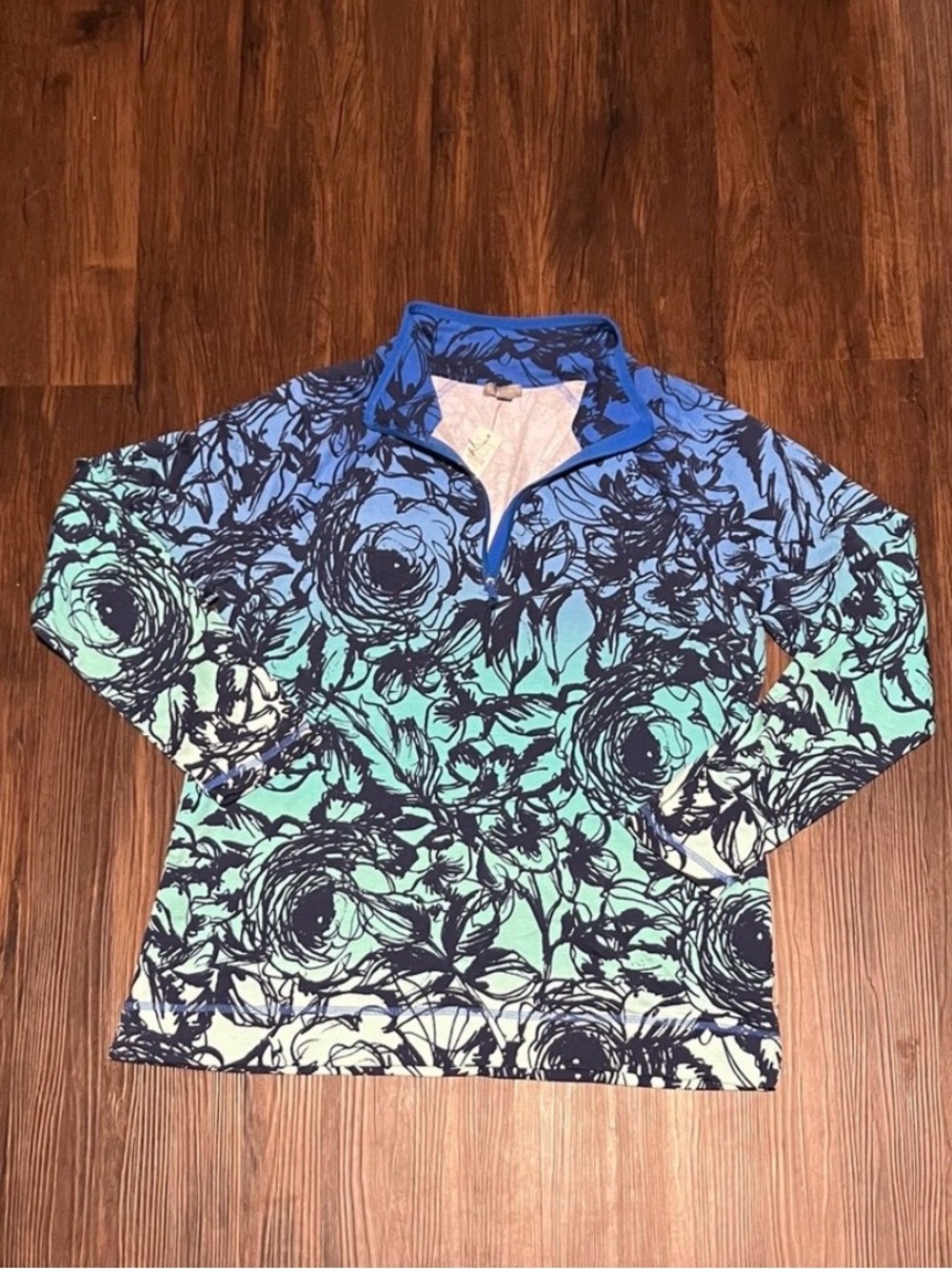 Talbots Blue Teal Floral Print Quarter-Zip Jacket
